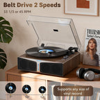 Tocadiscos de vinilo con altavoces integrados, tocadiscos Bluetooth de 5.4 entradas para discos de vinilo, cartucho magnético, transmisión por correa de 33/45 RPM, salida RCA, barra de luz