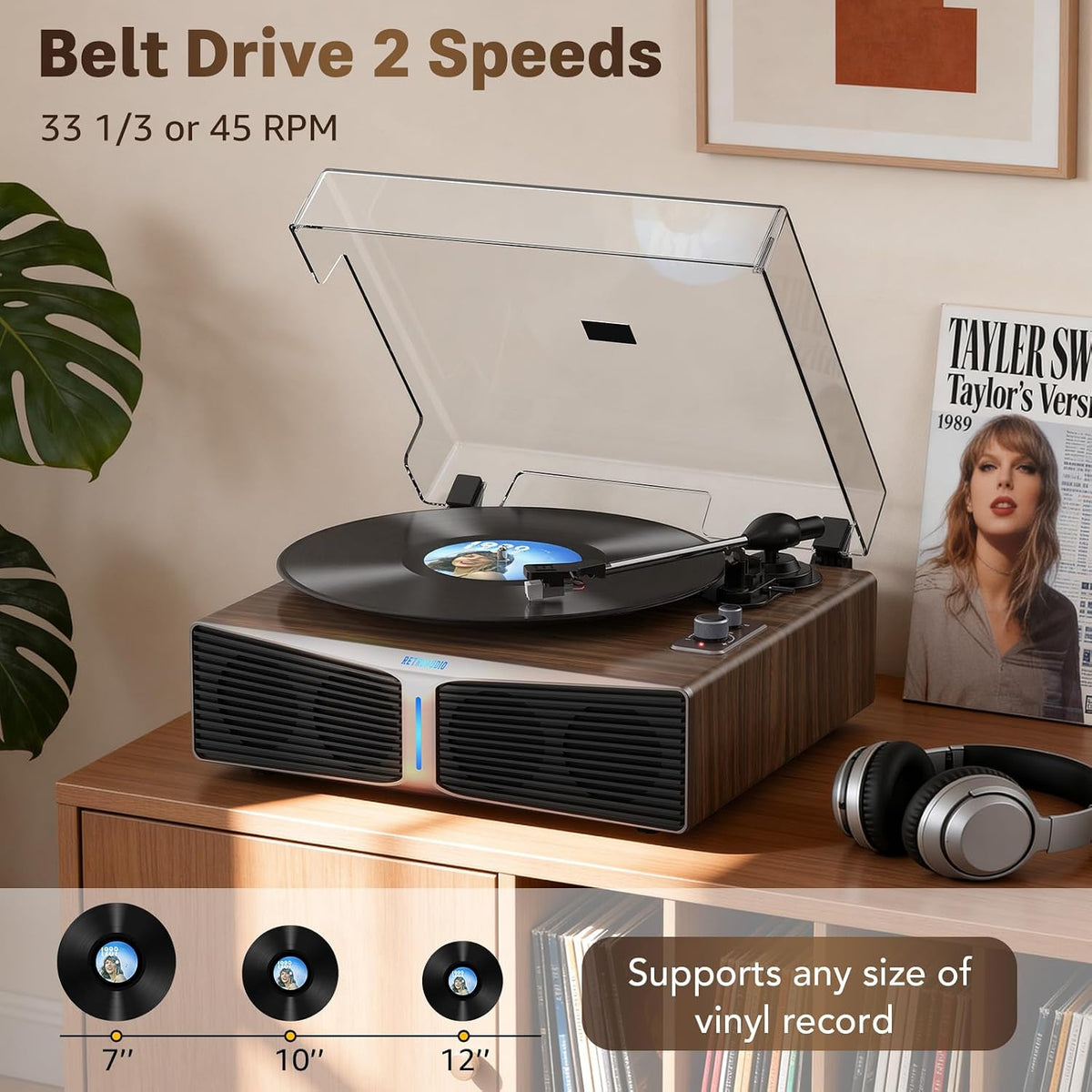 Tocadiscos de vinilo con altavoces integrados, tocadiscos Bluetooth de 5.4 entradas para discos de vinilo, cartucho magnético, transmisión por correa de 33/45 RPM, salida RCA, barra de luz