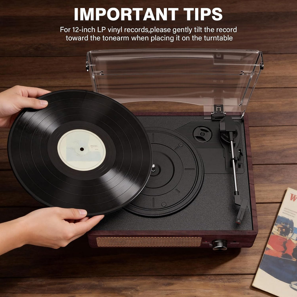 Tocadiscos de vinilo con receptor Bluetooth integrado y 2 altavoces estéreo, 3 velocidades, tamaño portátil retro para entretenimiento y decoración del hogar