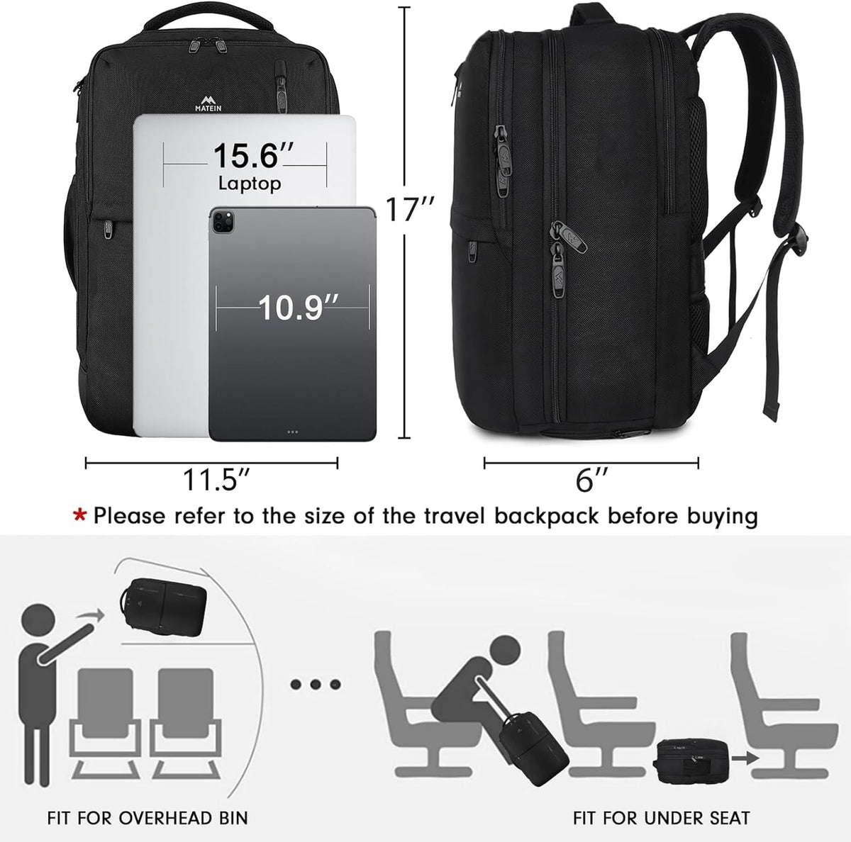 MATEIN - Mochila de viaje para laptop, aprobada para vuelos, con co...