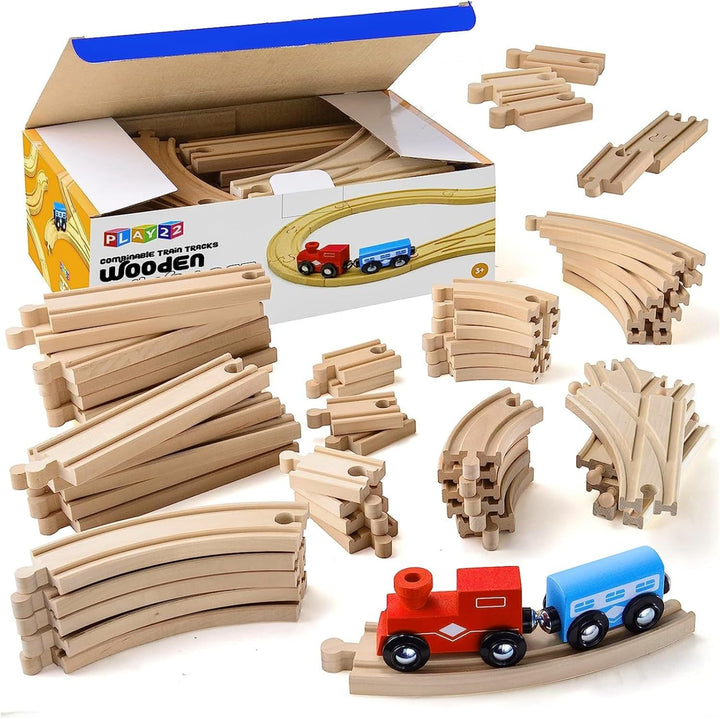 Play22 Vías de tren de madera 52 piezas 2 trenes de
