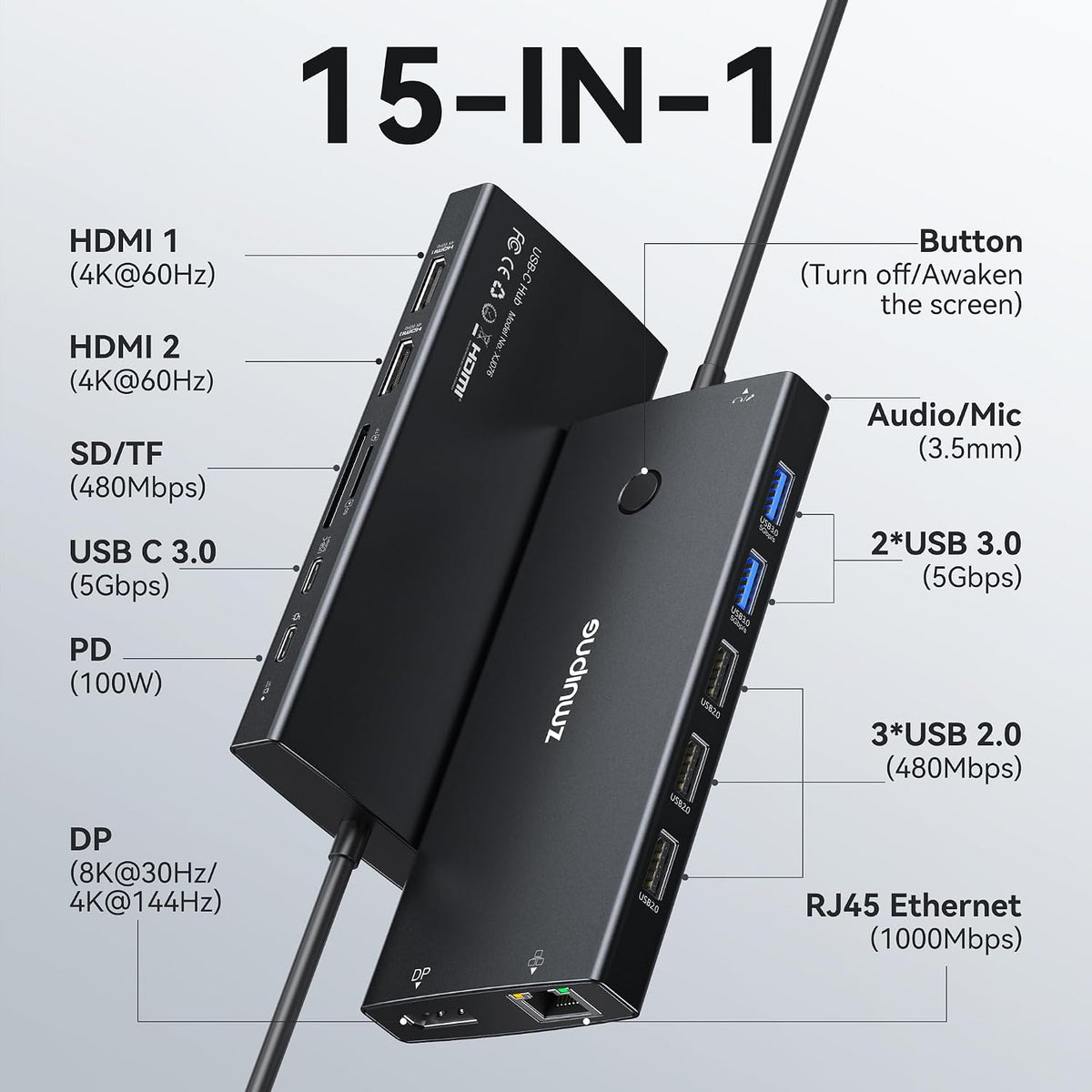 Estación de acoplamiento para portátil USB C Monitor dual con 2 HDMI 4K DP