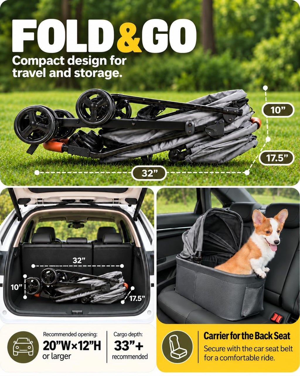 Zoosky Cochecito para mascotas 3 en 1 con transportador extraíble, cochecito plegable para perros y gatos pequeños/medianos, impermeable, todo terreno, con parasoles, asiento de coche