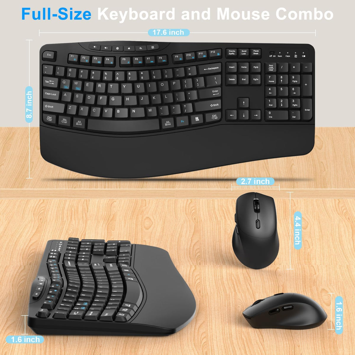 Combo de teclado y mouse inalámbricos, teclado ergonómico con 6 tec...
