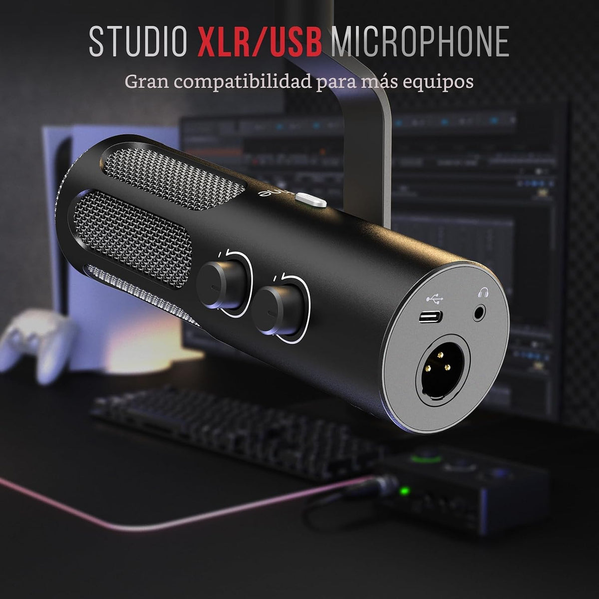 FIFINE XLR/USB Micrófono dinámico para podcast de transmisión, micrófono XLR de estudio, micrófono para PC todo en metal con botón de silencio, conector para auriculares, para grabación vocal, voz en
