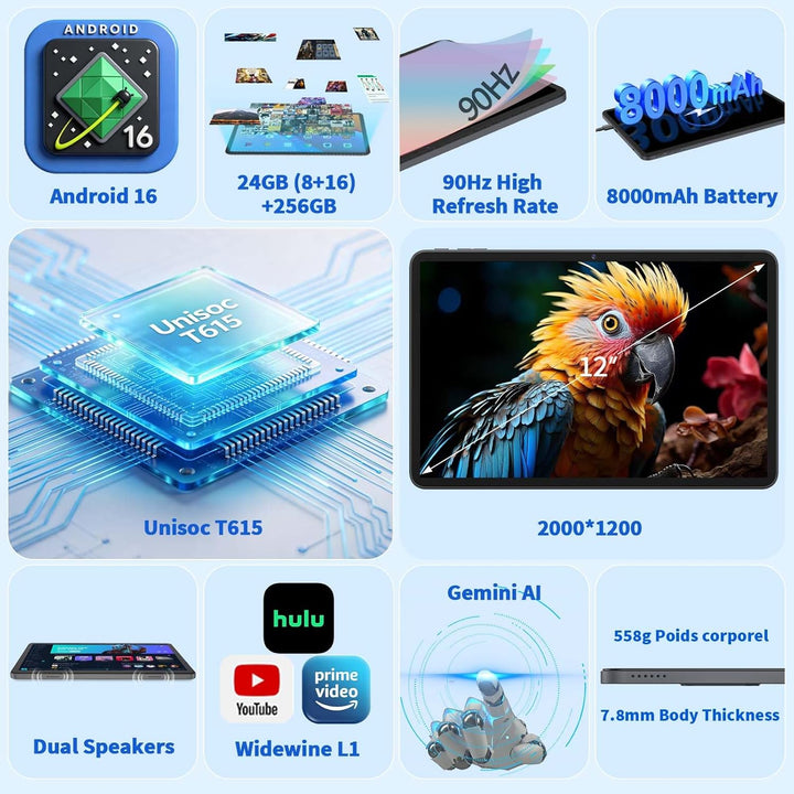 Tablet Android 16 2026, tableta de 12 pulgadas con teclado, 24 GB+2...