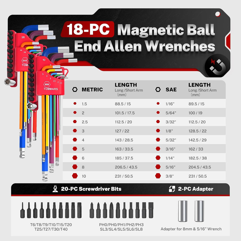 Juego de llaves Allen de extremo de bola magnética de 18 piezas
