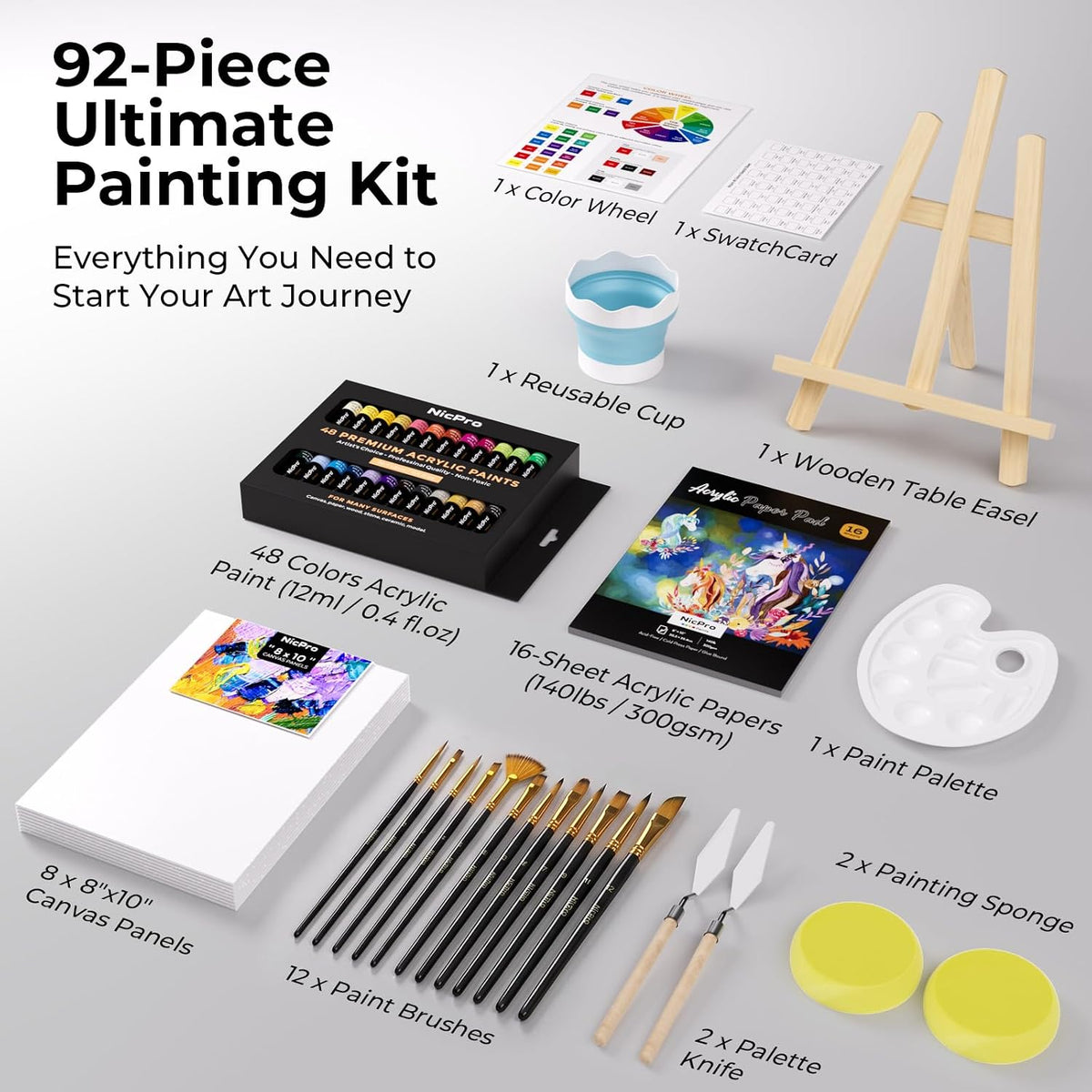Nicpro Juego de lienzos de pintura acrílica de 92 piezas para adultos con