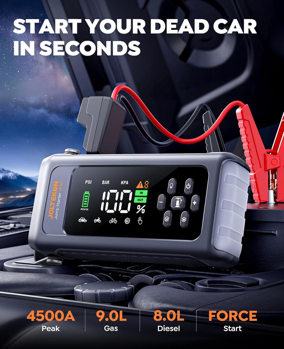 Arrancador de batería de coche con compresor de aire 4500A 150PSI, arrancador de coche portátil (9L de gasolina/8L diesel), batería de coche con inflador de neumáticos de apagado automático, cables de puente y luz