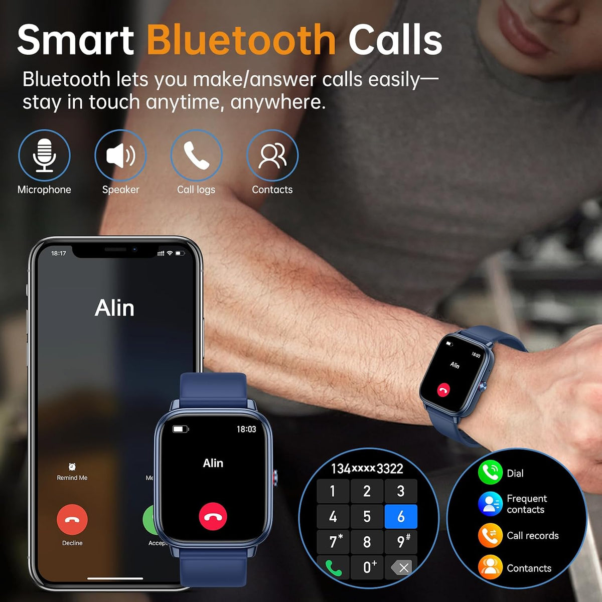 Reloj inteligente para hombres y mujeres, rastreador de fitness (respuesta/hacer llamadas), batería de 1000 mAh, más de 120 modos deportivos, contador de pasos/monitor de sueño, reloj inteligente para Android/iPhone (azul oscuro)