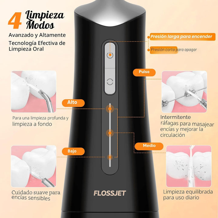 FlossJet Irrigador bucal inalámbrico con 10.1 fl oz, 5 puntas, 4 mo...