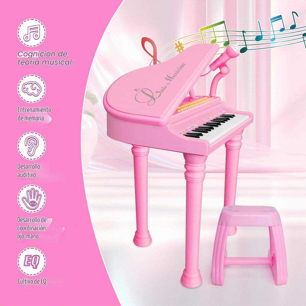 Love & Mini - Piano/teclado de juguete color rosa; instrumento musical con micrófono para niños como regalo de cumpleaños