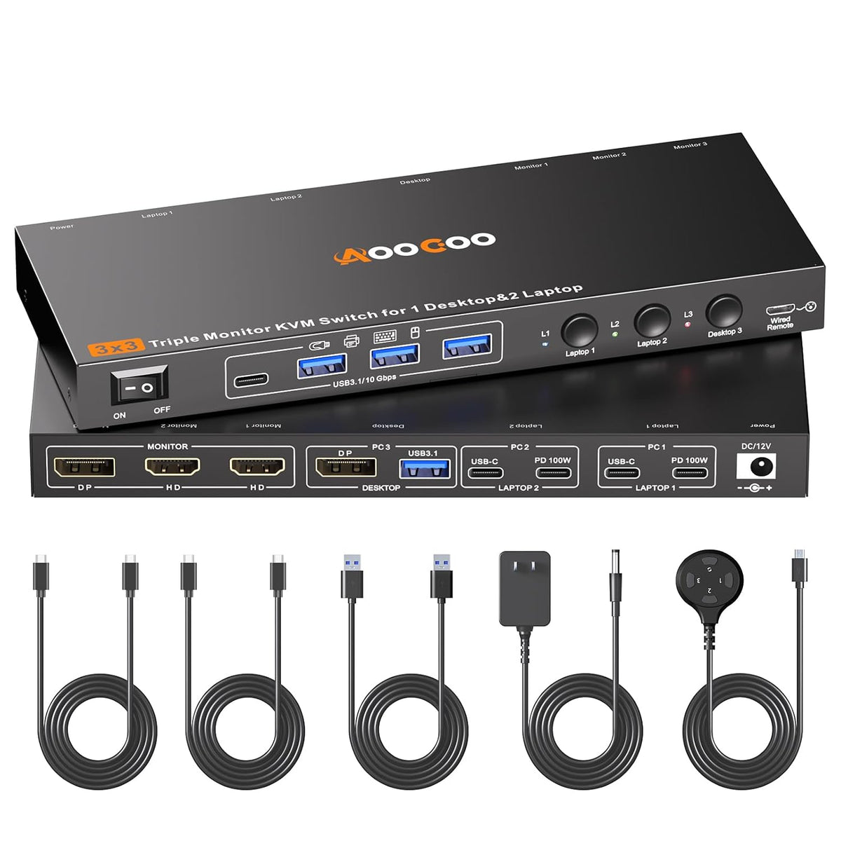 Conmutador KVM USB C DP, 3 computadoras, 3 monitores, interruptor KVM MST 4K/1080P a 60Hz para 1 PC y 2 portátiles Share 3 monitores con 4 dispositivos USB3.0, PD para laptop, cables USB y adaptador