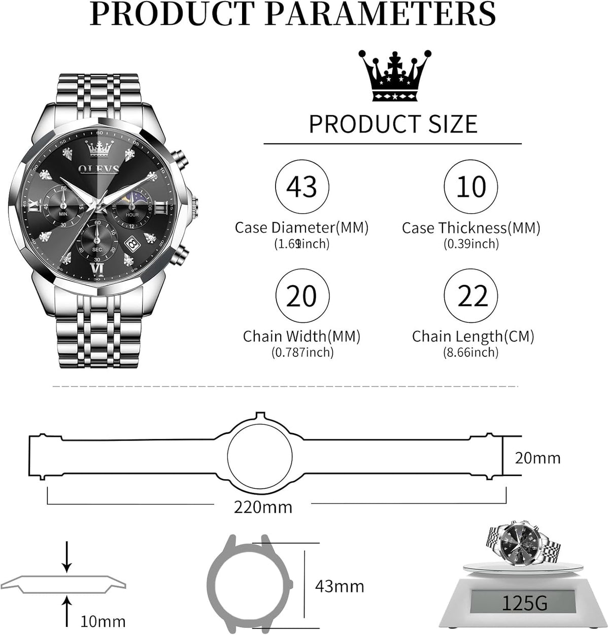 OLEVS Reloj de pulsera para hombre de acero inoxidable con cronógrafo de