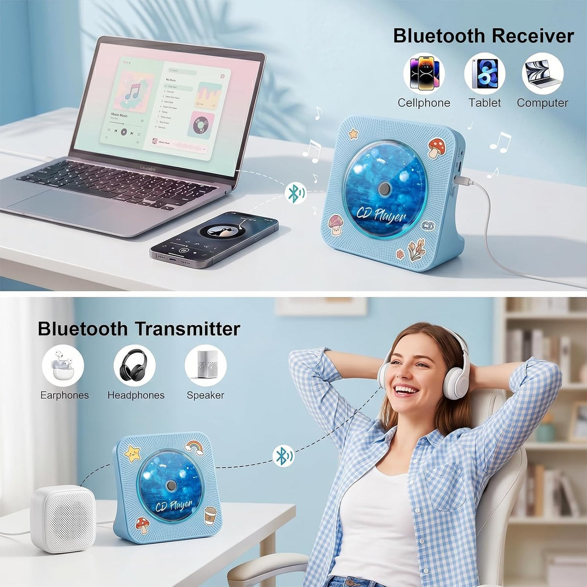 Gueray Reproductor de CD Reproductores de CD portátiles Bluetooth de