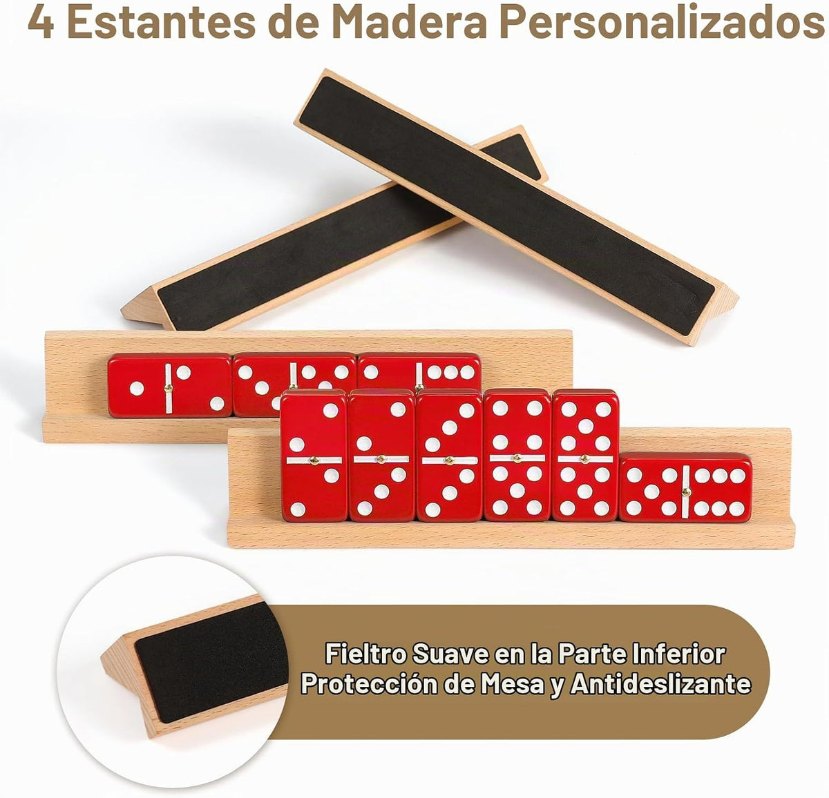 Juego de dominó jumbo para adultos con 4 bastidores de madera/bandejas, juego de viaje de 6 dominó dobles con funda portátil, juego de dominó doble de seis con 4 soportes para azulejos, juego de dominó de 28 azulejos para juegos de mesa familiares