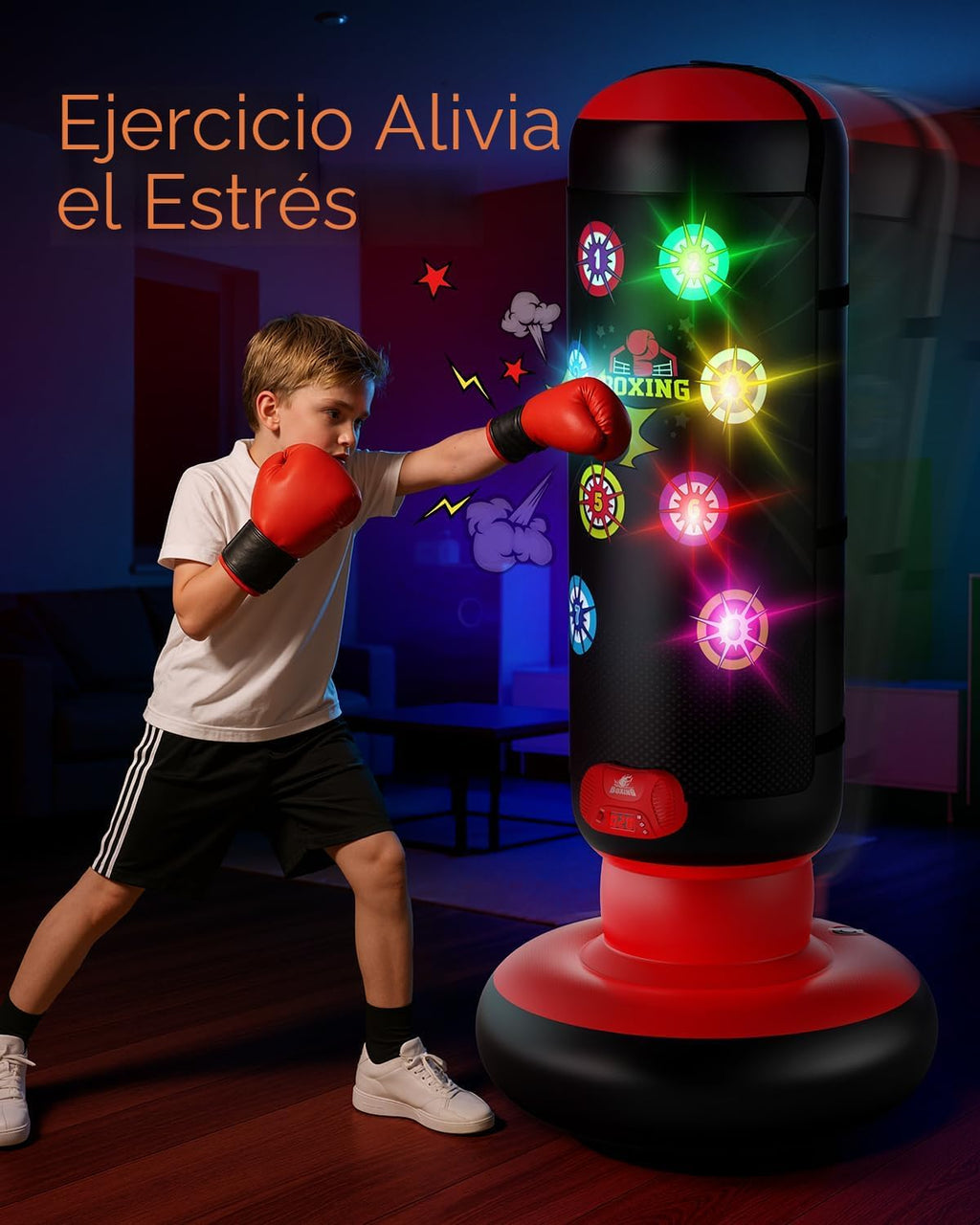 HopeRock Punching Bag para Niños, Juego de Boxeo con Puntuación, Luz, Música, 4 Modos de Juego, Bolsa de Boxeo Inflable con Guantes, Juguetes de Regalo de Cumpleaños para Niños de 4-8-12 Años