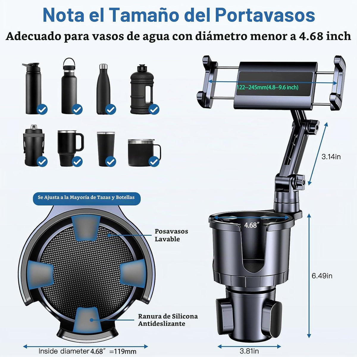 Portavasos para teléfono y tableta, 2 en 1, iPad con brazo extensible ajustable para teléfono de 4.7 a 10 pulgadas, soporte para tableta compatible con iPad Pro Air Mini, Fire, iPhone 17, Galaxy