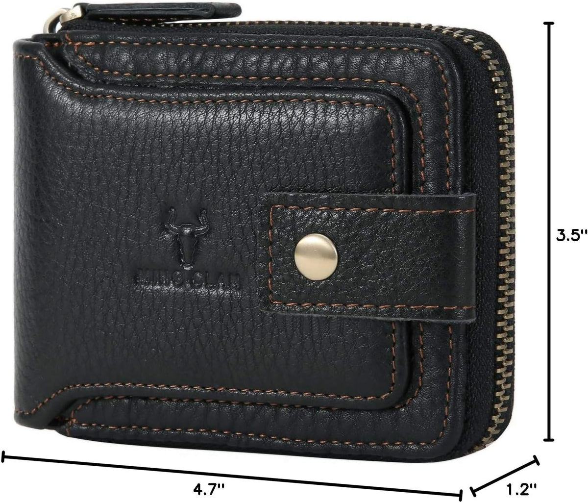 Billetera con cremallera para hombre, con bloqueo RFID, de piel, plegable, para hombre, Negro