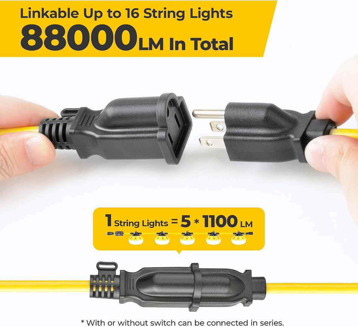 Cadena de luces LED de 3 clavijas de 50 pies con interruptor