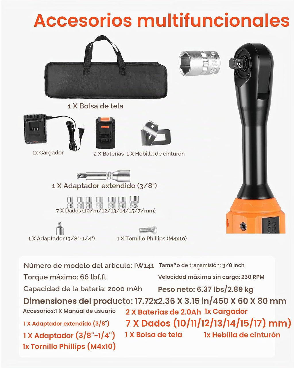 VEVOR Llave de trinquete inalámbrica, transmisión de 3/8 pulgadas, 230 RPM, hasta 66 ft-lbs de torque, juego de llaves de trinquete eléctricas a batería con dos baterías de 2.0Ah, cargador, dados