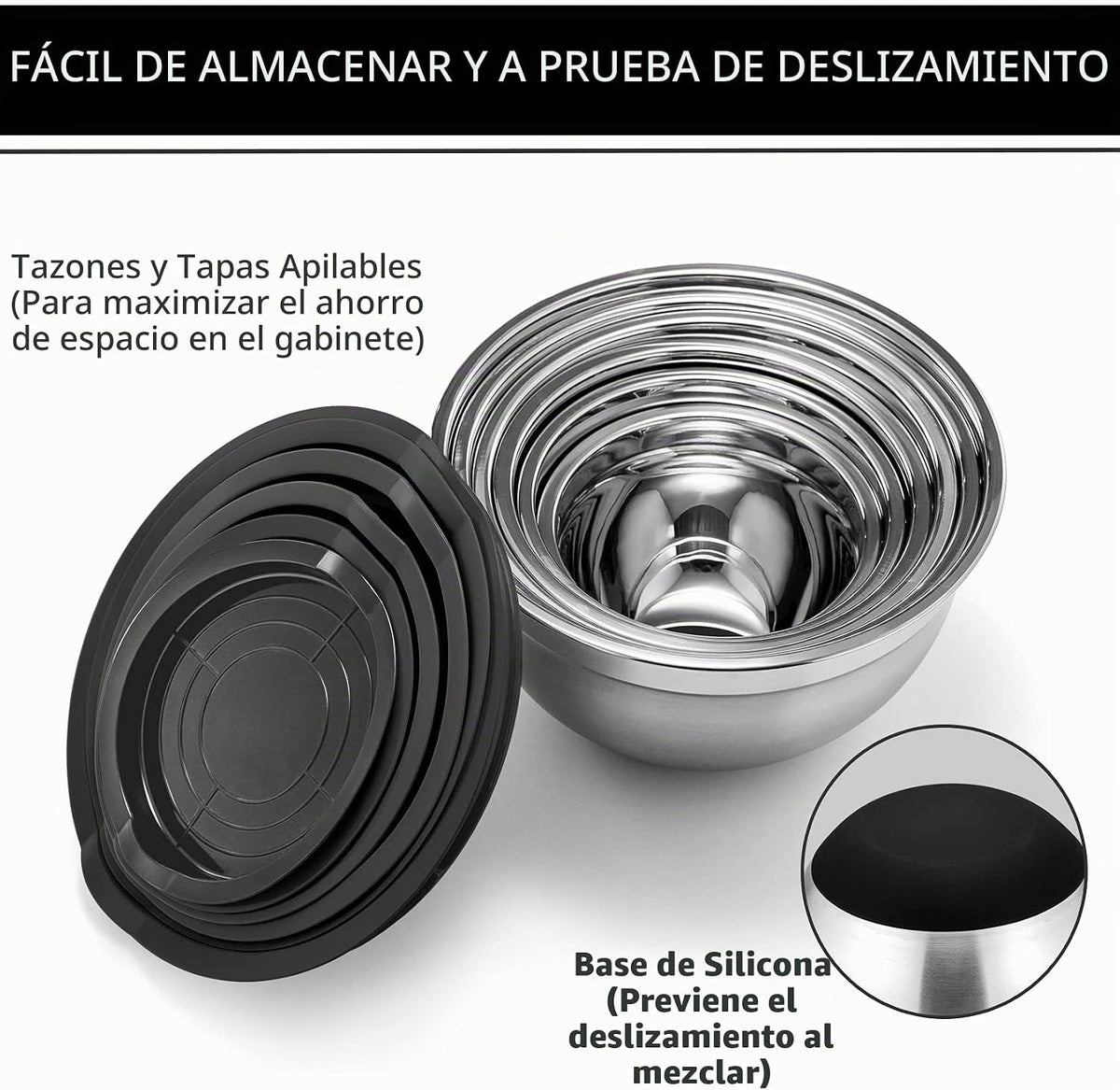 P&P CHEF Juego de 6 cuencos de acero inoxidable con tapas, color negro