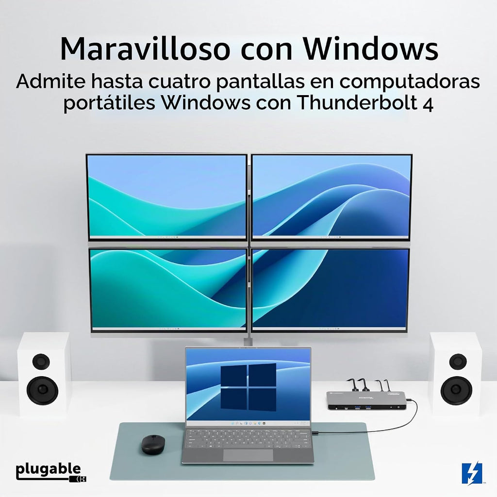 Plugable Base Thunderbolt 4 para cuatro monitores de 100 W, la estación de acoplamiento Thunderbolt conecta hasta cuatro monitores 4K para portátiles Windows y Mac, 2x HDMI, 4x Thunderbolt 4/USB C