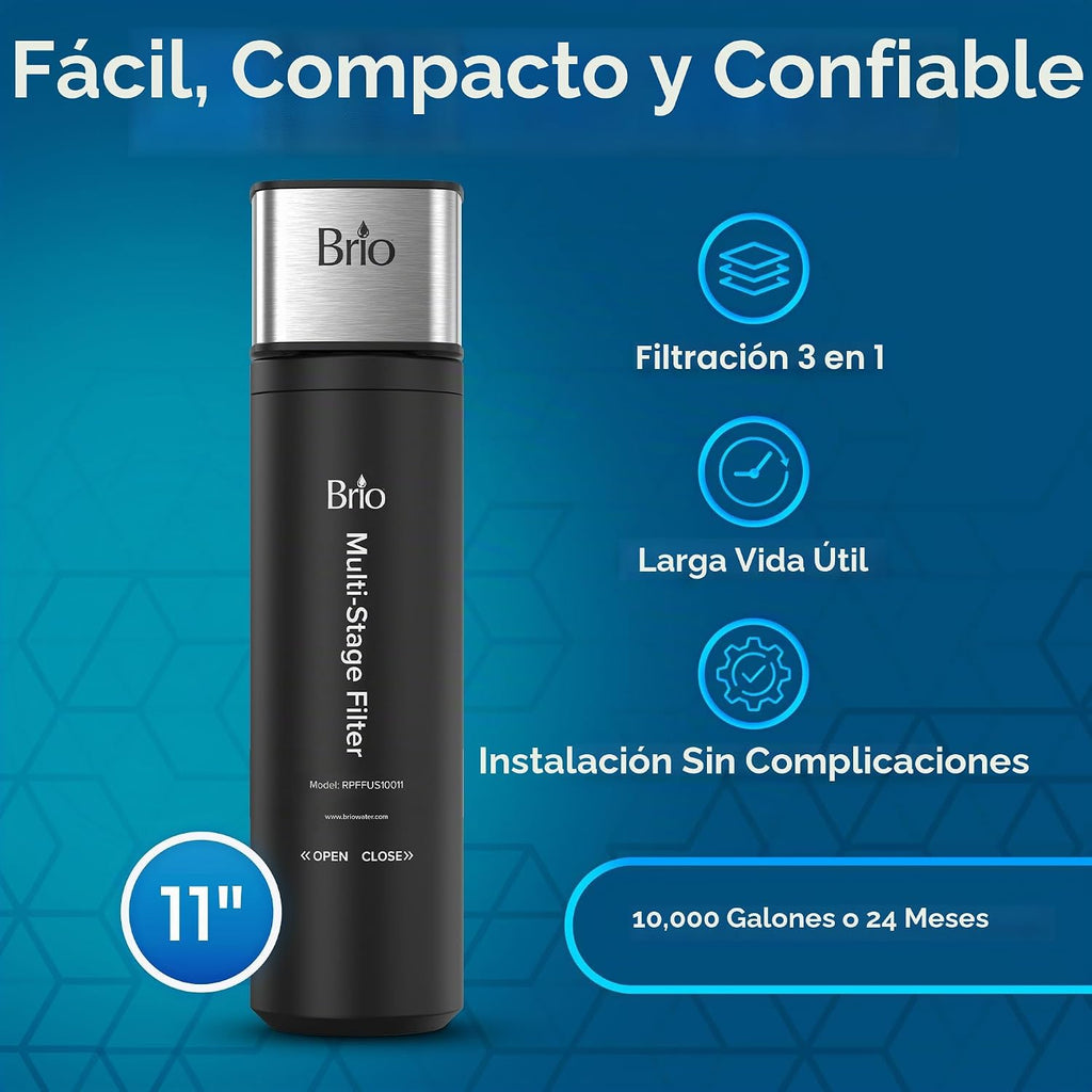 Brio Sistema de filtro de agua para debajo del fregadero de 11 pulgadas para grifo de cocina y baño, carcasa única de 3 etapas, filtros de 0.5 micrones PFAS, cloro, plomo, mercurio + | 10,000 galones o 2 años | Certificado NSF 42 y 372