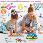 Juego de instrumentos musicales para niños, 20 piezas de instrumentos de percusión de madera para bebés y niños con maracas de xilófono pandereta, juguetes musicales preescolares para niños y niñas