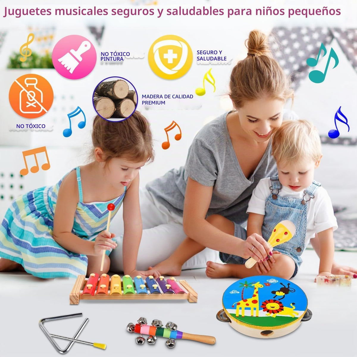 Juego de instrumentos musicales para niños, 20 piezas de instrumentos de percusión de madera para bebés y niños con maracas de xilófono pandereta, juguetes musicales preescolares para niños y niñas