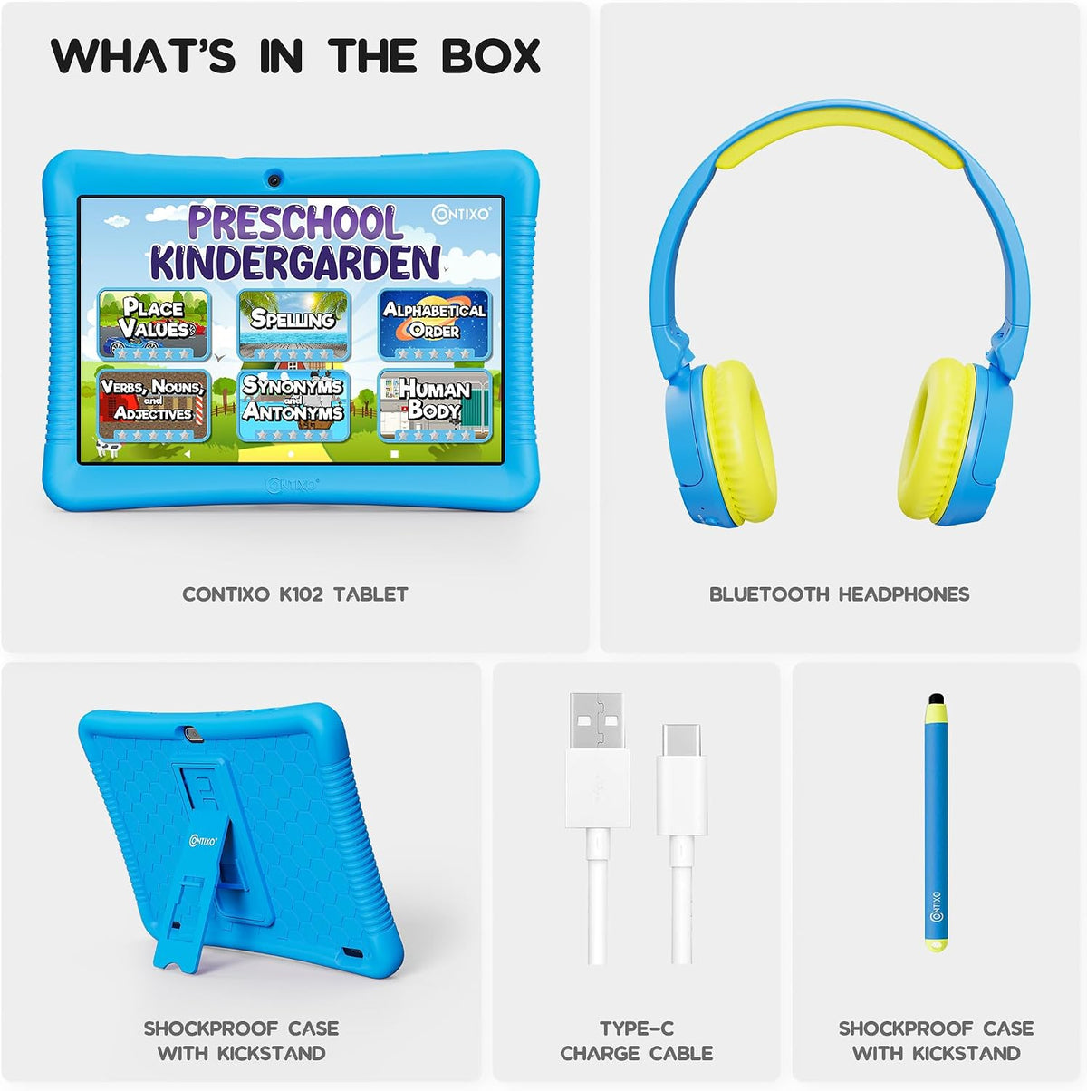 Contixo Paquete de tableta Android Kids de 10 pulgadas, 32 GB, Epic! y aplicaciones educativas LingoKids, controles parentales, funda a prueba de niños con soporte y lápiz capacitivo, auriculares y bolsa de funda, color azul
