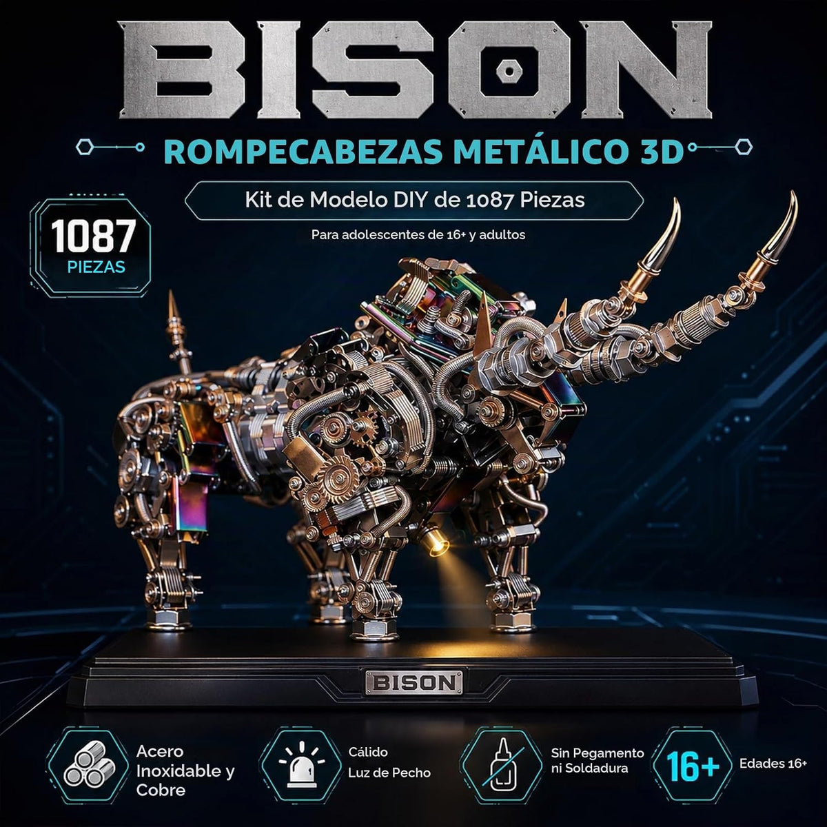 Rompecabezas de metal 3D para adultos, kits de modelo de bisonte, rompecabezas de metal 3D, toros mecánicos, bloques de construcción, montaje difícil de bricolaje, regalos de alta gama para hombres