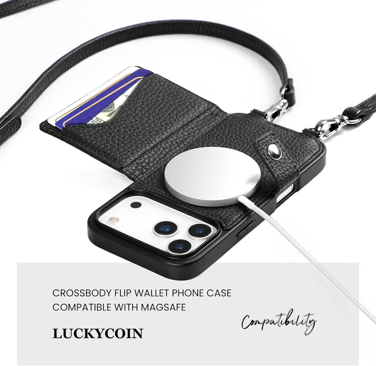 Funda de cuero Crossbody Wallet para iPhone 17 Pro - Negro