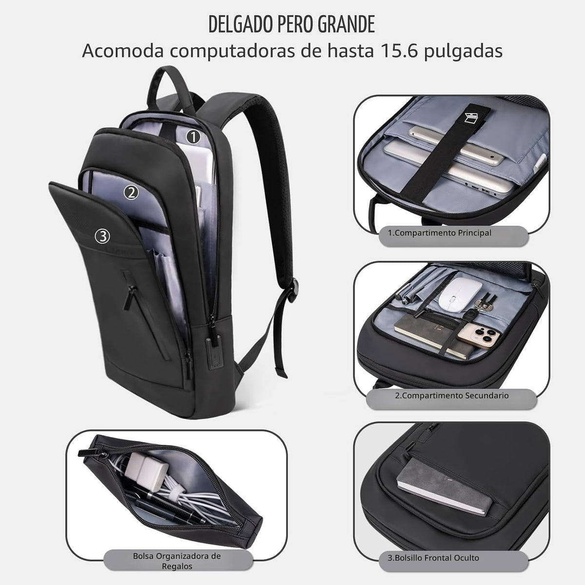 Mochila para hombre, ligera, para viajes de negocios, mochila antirrobo resistente al agua para computadora de 15.6 pulgadas para computadora diaria de oficina y trabajo con bolsa pequeña (negro, 15.6 pulgadas)