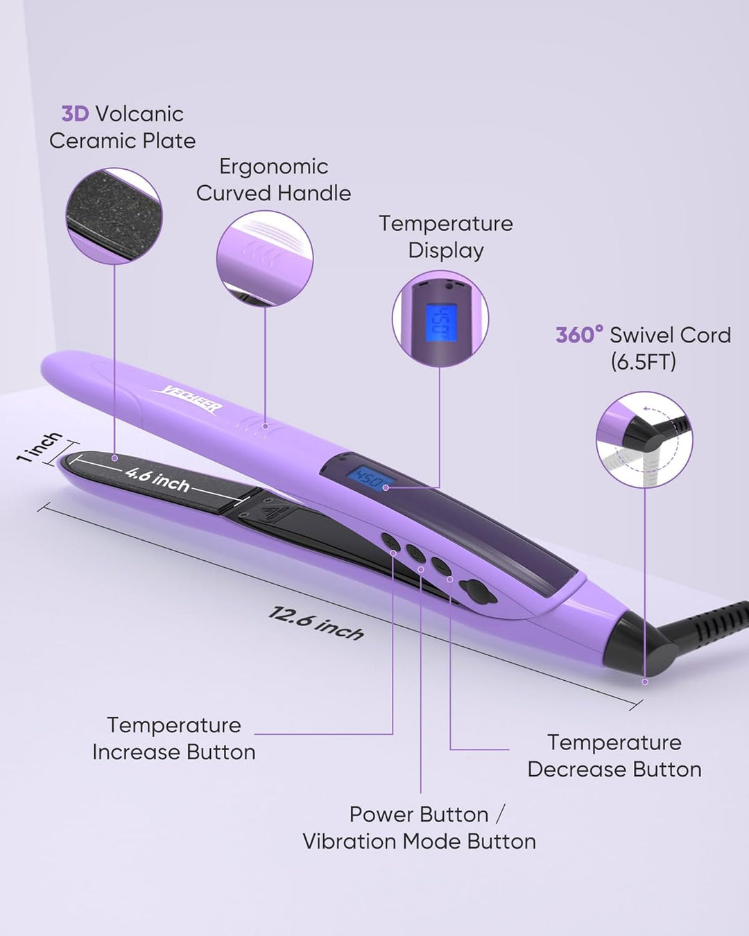 Plancha plana de cerámica de 1 pulgada con vibración sónica para me...