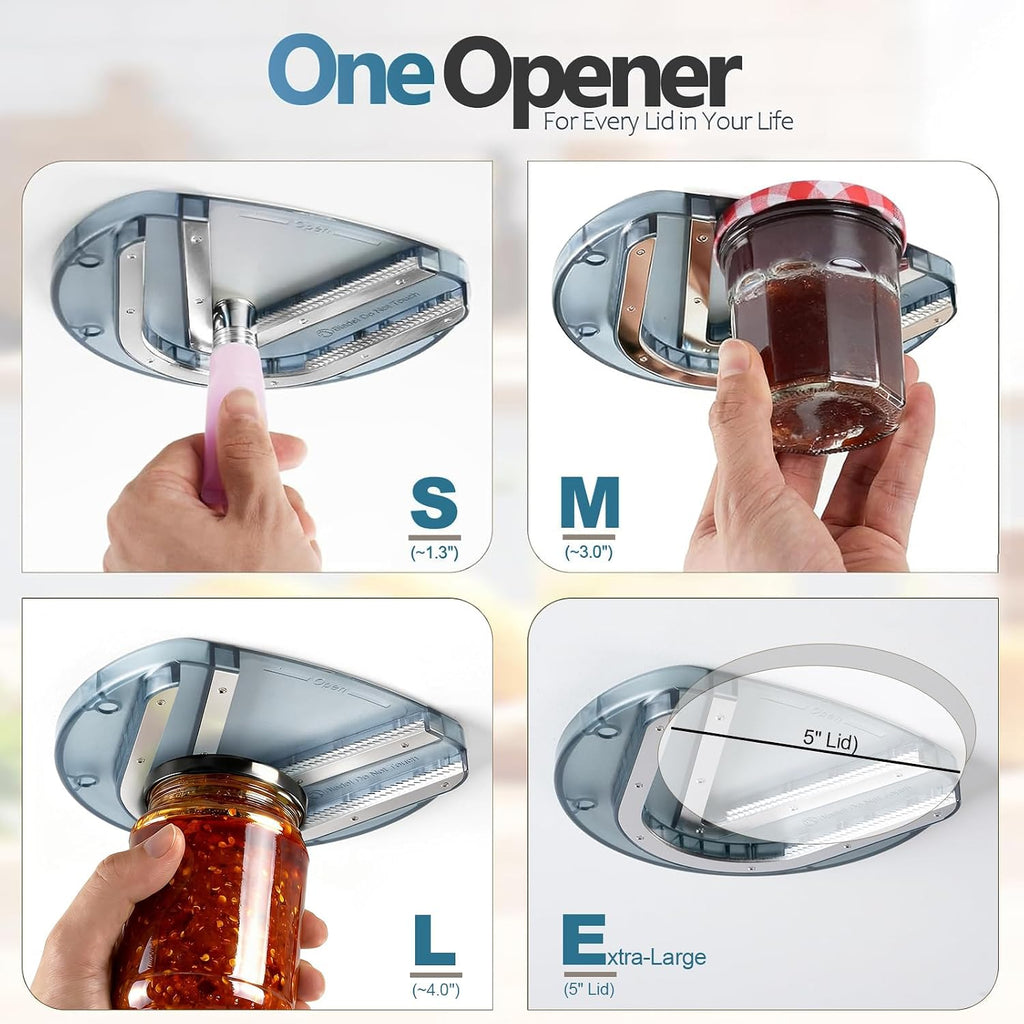 Abrelatas de gabinete montado para manos débiles, personas mayores con artritis, ranuras dobles en forma de U, abrebotellas de agarre para tapa de cualquier tamaño, herramienta de acero inoxidable 304 con una sola mano para asistencia en el hogar, azul