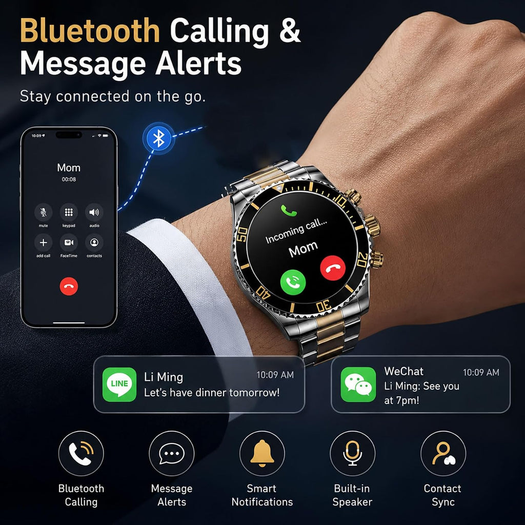 findtime Reloj inteligente para teléfonos Android, contestar llamadas, recordatorio de SMS, reloj inteligente compatible con iPhone, Bluetooth, acero inoxidable, reloj de fitness para hombre, reloj inteligente