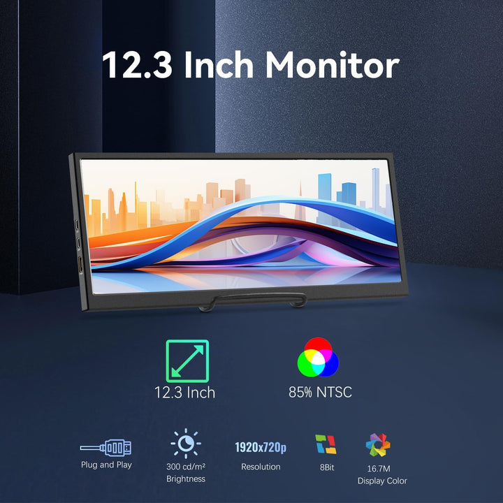 Monitor Secundario de 12.3 Pulgadas, Pantalla de Viaje LCD IPS de B...