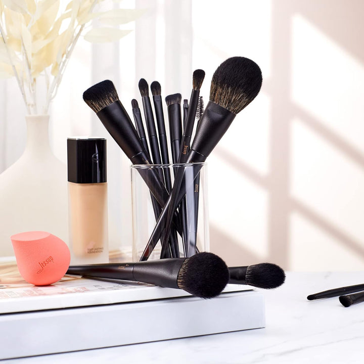 Jessup - Juego de brochas de maquillaje, 14 piezas, base Kabuki neg...