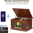 Reproductor de Discos Bluetooth 10 en 1, Giradiscos de 3 Velocidades para Vinilo con Altavoces, Convertidor de LP a MP3, CD, Reproductor de Casete, Radio FM, Transmisión Inalámbrica | Caoba