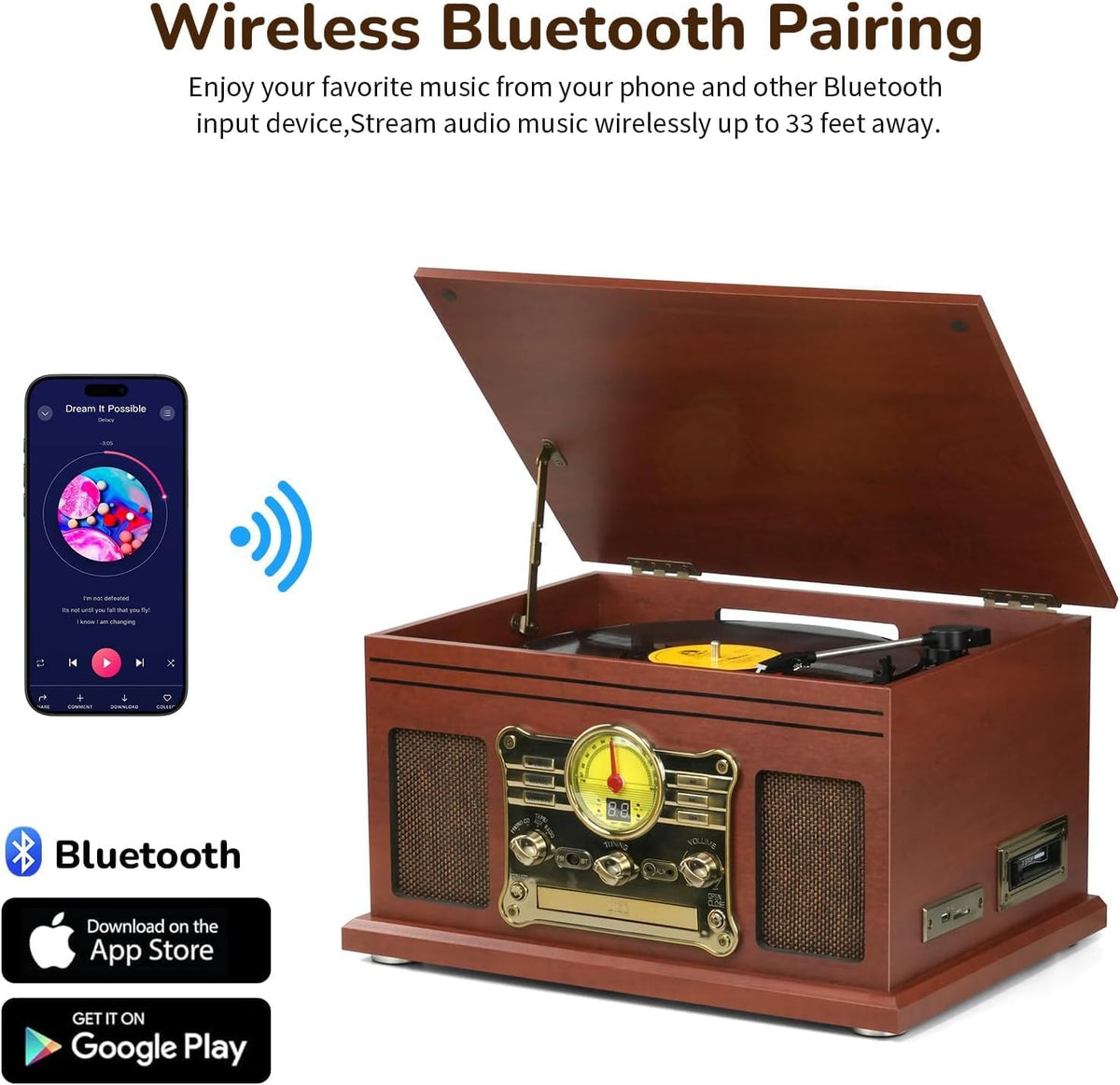 Reproductor de Discos Bluetooth 10 en 1, Giradiscos de 3 Velocidades para Vinilo con Altavoces, Convertidor de LP a MP3, CD, Reproductor de Casete, Radio FM, Transmisión Inalámbrica | Caoba