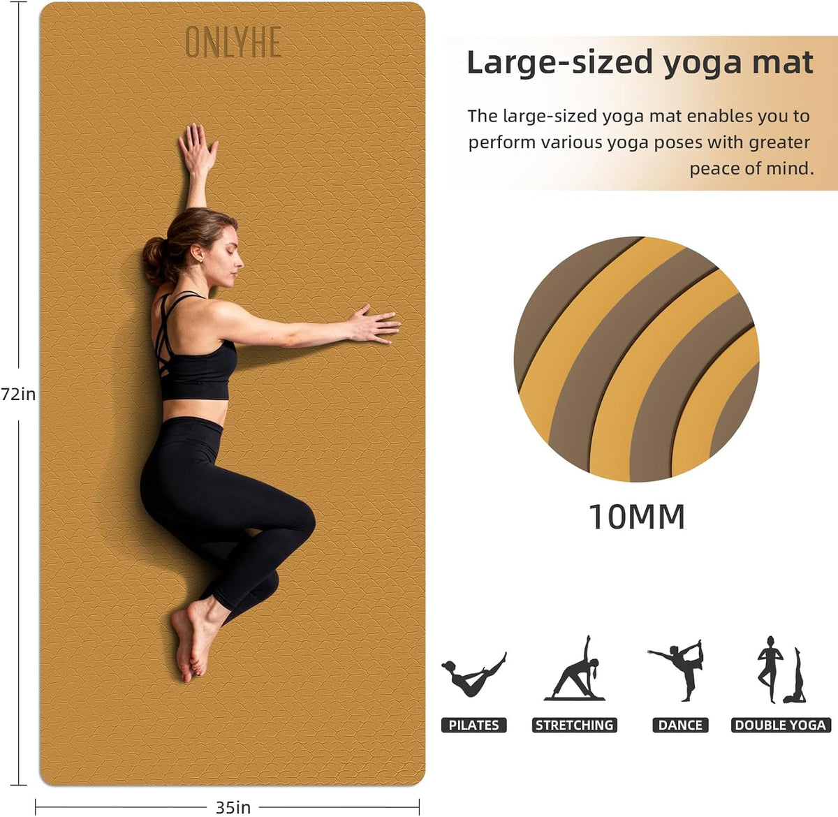 Tapete de yoga ancho de grosor (0.394 pulgadas), antideslizante, antidesgarros, tapete de pilates extra grande de 72 x 35 pulgadas para entrenamientos en casa, gimnasio y estiramiento de suelo con