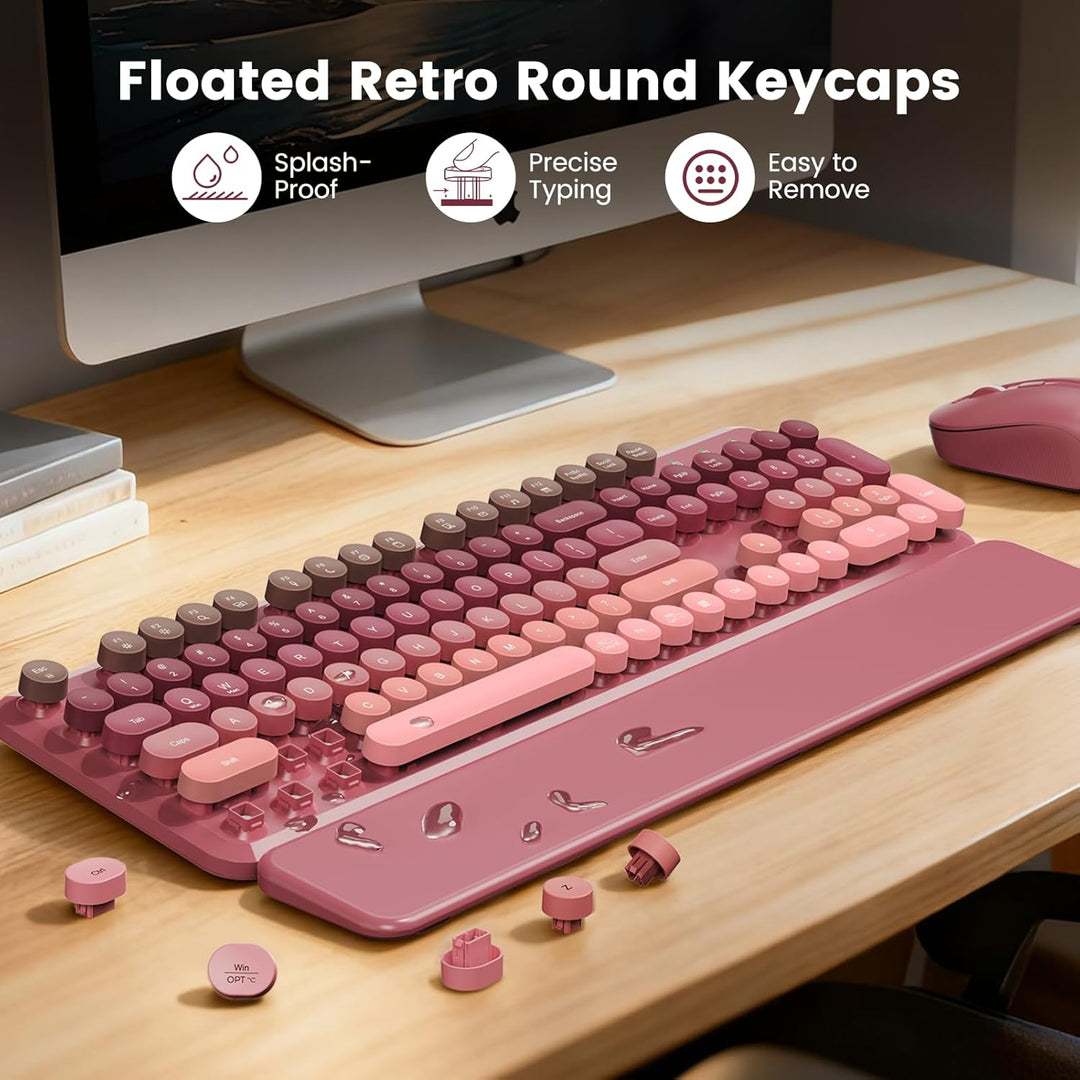 Combo de teclado y mouse inalámbricos, bonito teclado retro con tec...