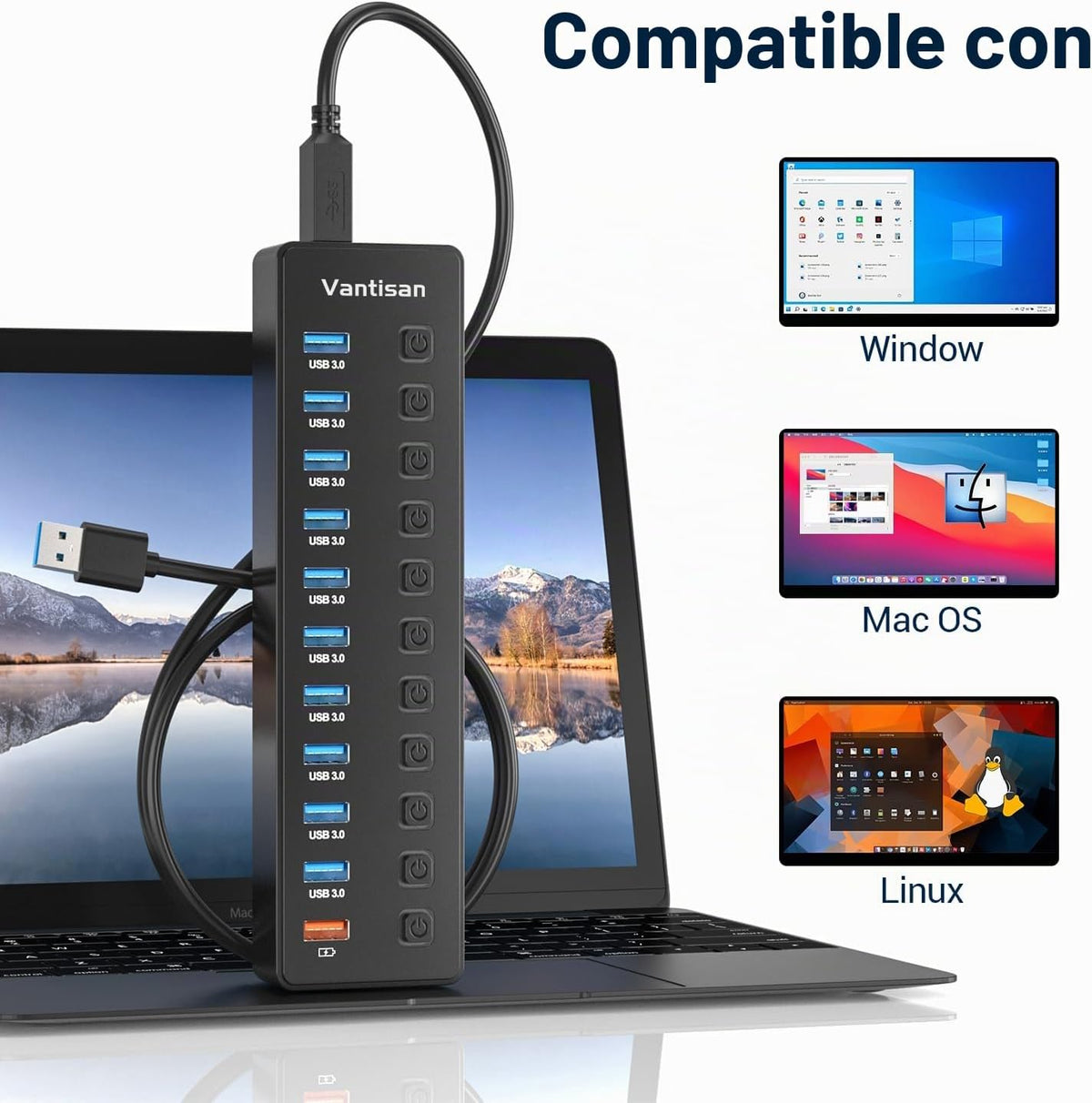 vantisan, A2011, hub USB 3.0 de 11 puertos, alimentado, con puerto de carga inteligente