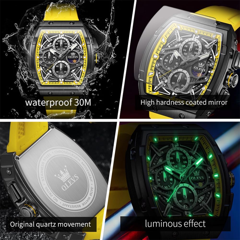 OLEVS Relojes para Hombre Casual Lujo Cara Grande Cronógrafo Multifuncional Relojes de Hombre Correa de Silicona/Nylon Duradera 3 ATM Resistente al Agua Reloj de Hombre Fecha Fase Lunar Reloj