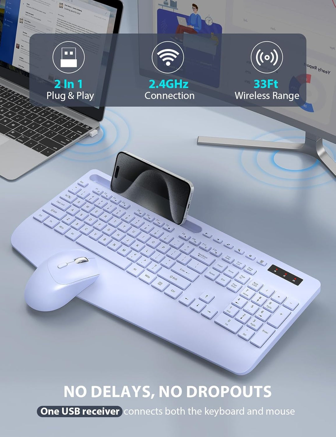 Combo de teclado y mouse inalámbrico - Teclado ergonómico de tamaño...