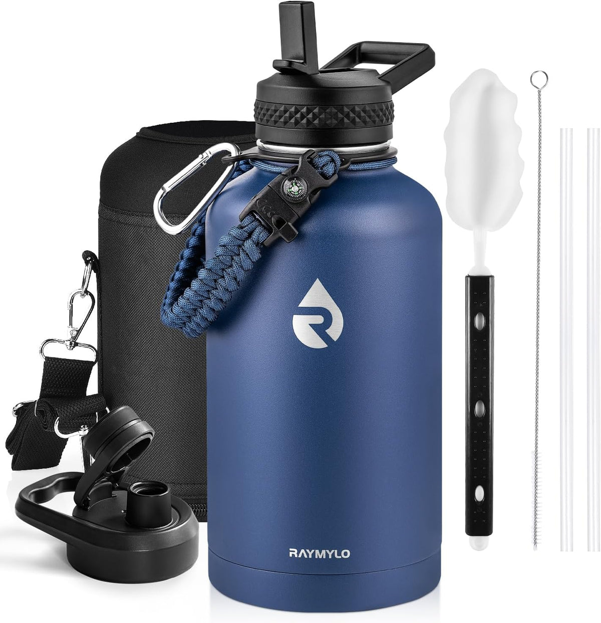 RAYMYLO - Botella de agua aislada de 64 onzas, acero inoxidable de triple pared al vacío (fría durante 48 horas), a prueba de fugas y sin BPA, jarra de agua de medio galón con asa de paracord y tapas