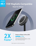 Anker MagSafe Charger, MagGo Qi2 15W Soporte de Carga Inalámbrica 360 Grados