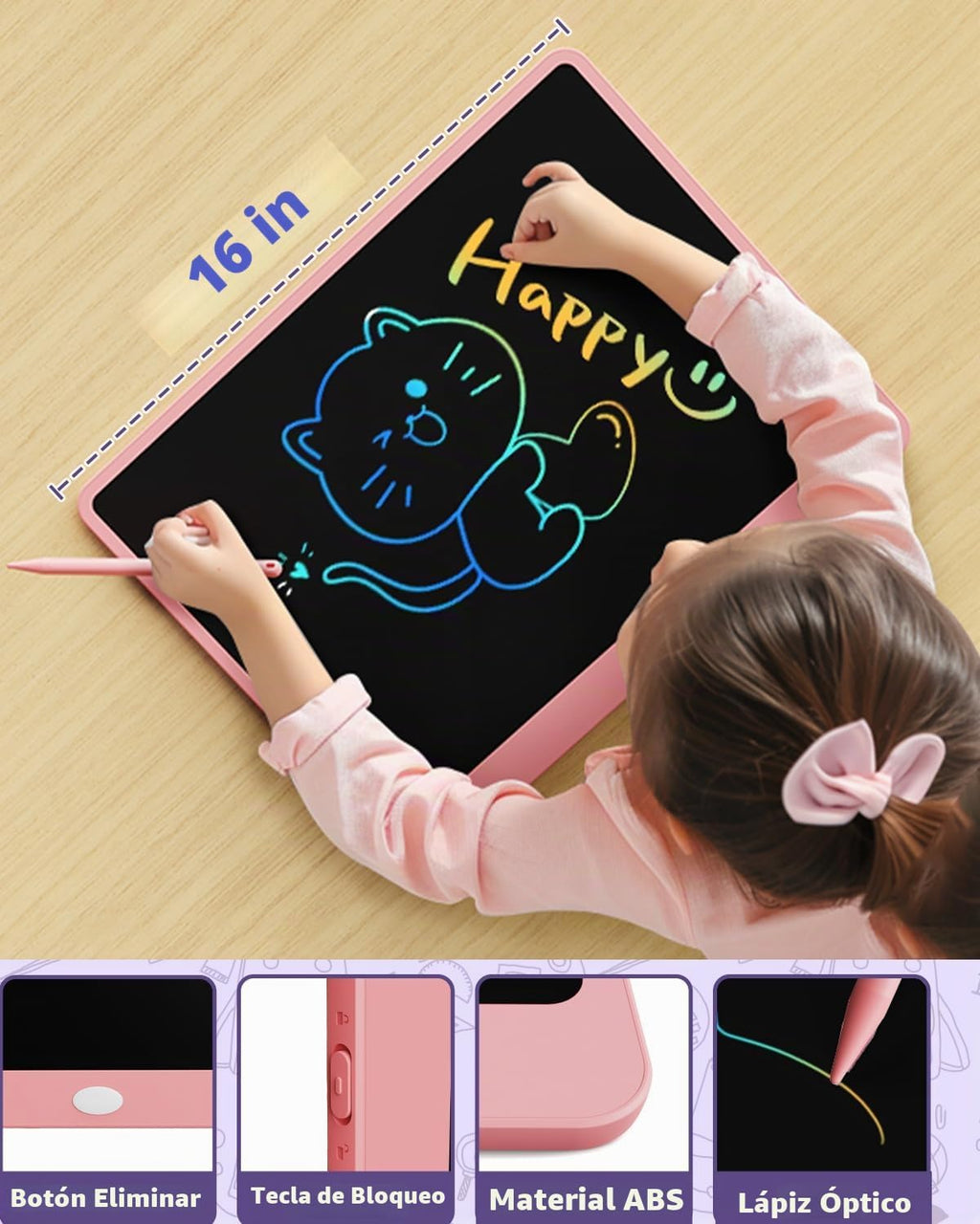 Tableta de escritura LCD para niños, tablero de garabatos de 16 pulgadas, juguetes de aprendizaje para niñas de 3, 4, 5, 6, 7, 8 años, regalo de cumpleaños, almohadilla de dibujo colorida para niños, rosa