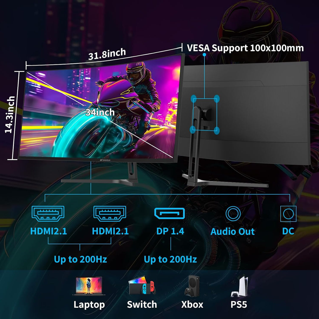 SANSUI Monitor curvo para juegos de 34 pulgadas UWQHD 3440 x 1440P...